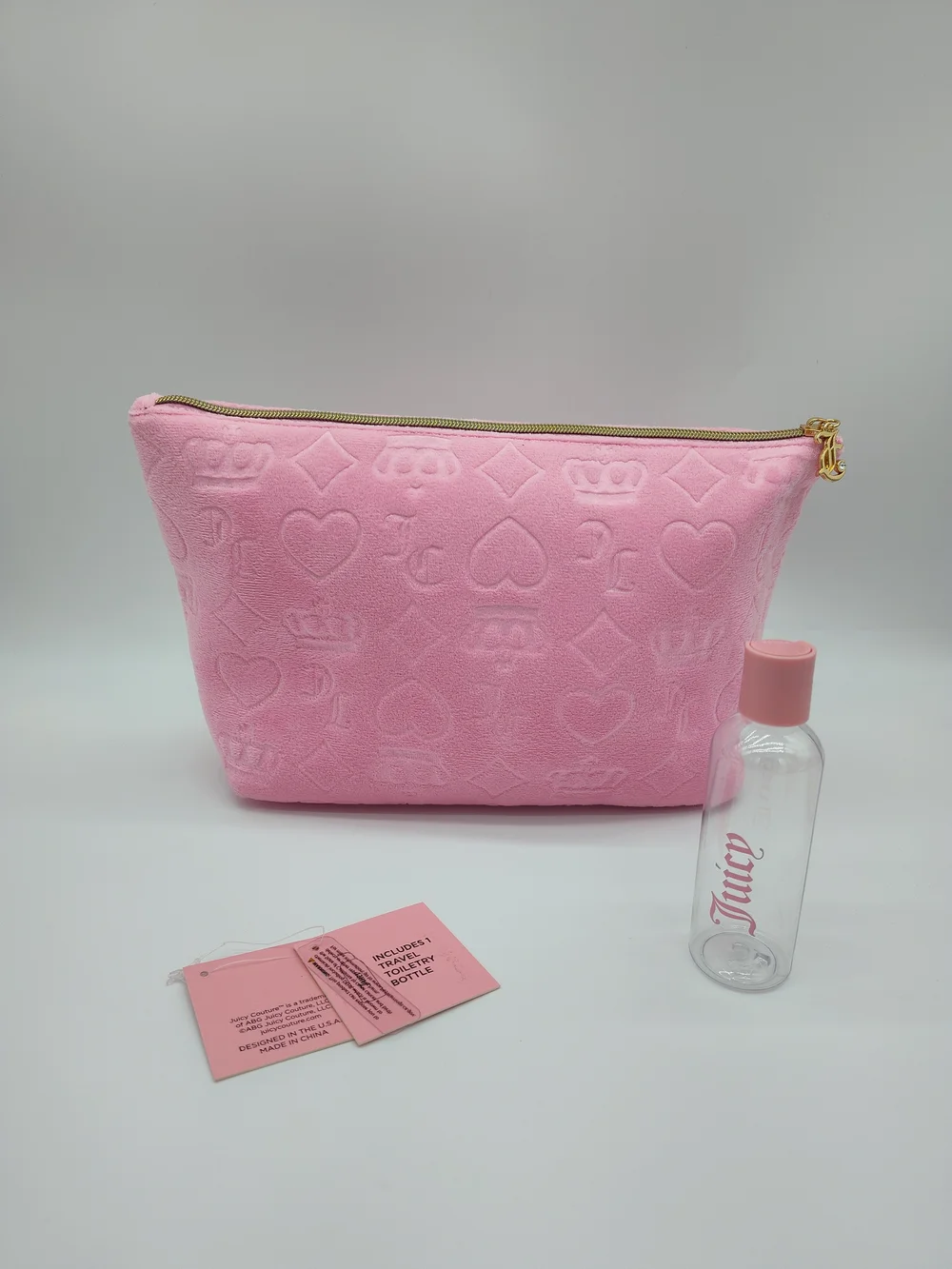 JUICY COUTURE Pink Velour Monogram Cosmetic Bag Travel Bottle NWT